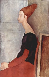 Amedeo Modigliani, "Jeanne Hébuterne seduta di profilo con vestito rosso", 1918, collezione privata.